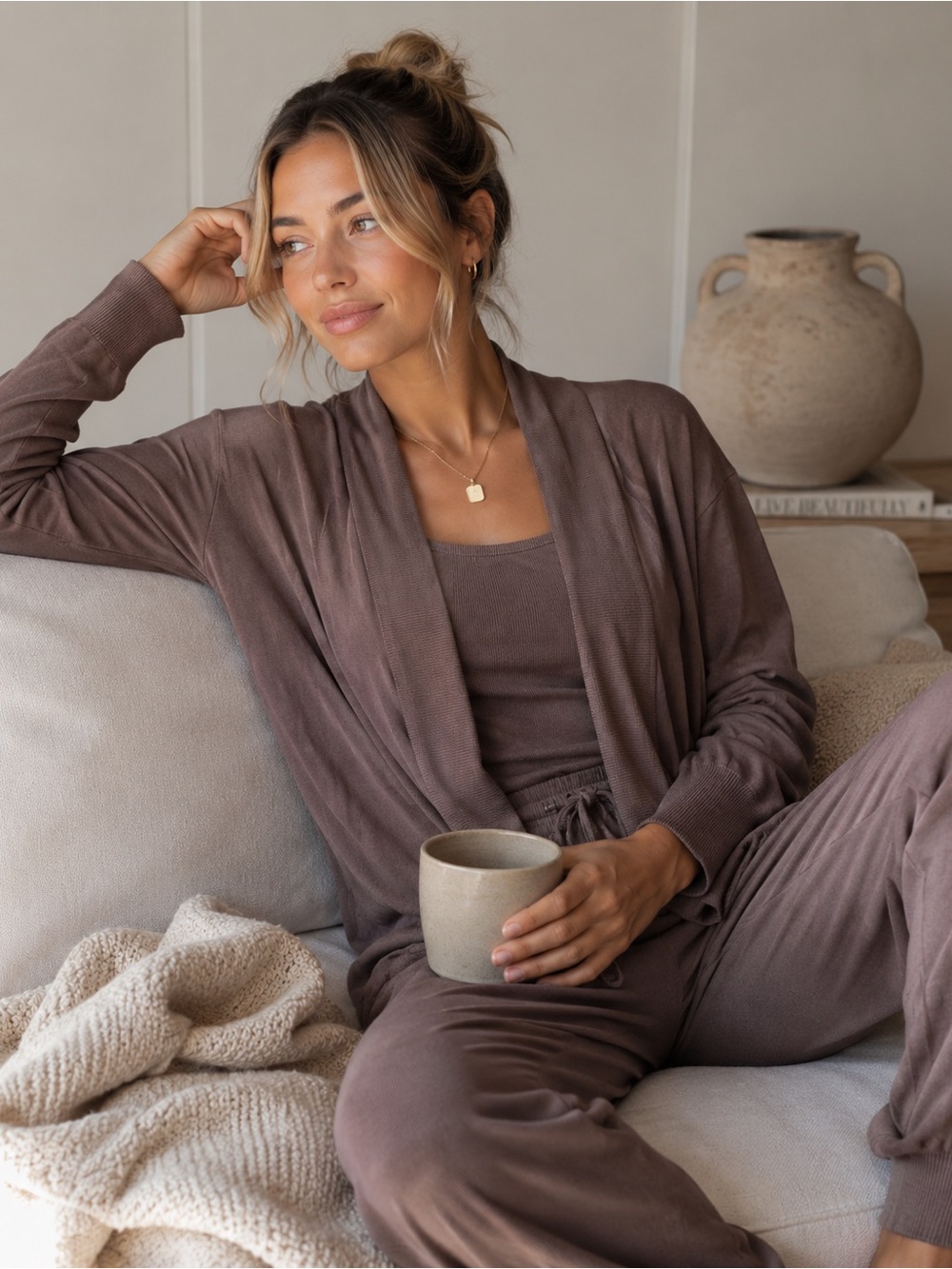 Athleta Longline Pranayama Restore Rib Wrap Cardigan Sweater Brown Large